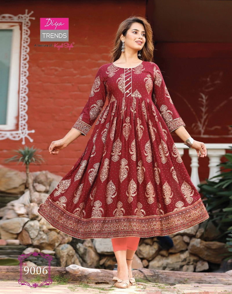 Diya Trends Ethnicity Vol 9 Rayon Fancy Embroidery Work Classy Wear Kurtis