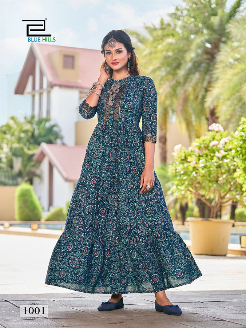 Blue Hills Pearl Vol 1 Rayon Foil Printed Gown Style Long Party Wear Kurtis