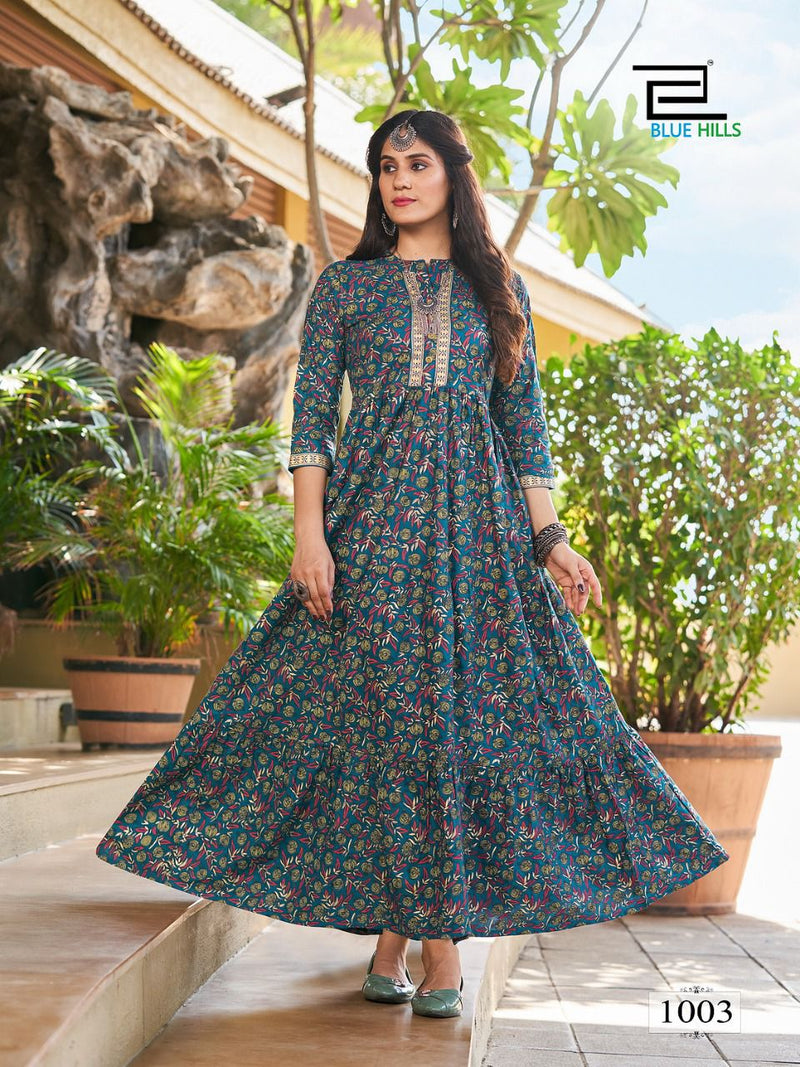 Blue Hills Pearl Vol 1 Rayon Foil Printed Gown Style Long Party Wear Kurtis