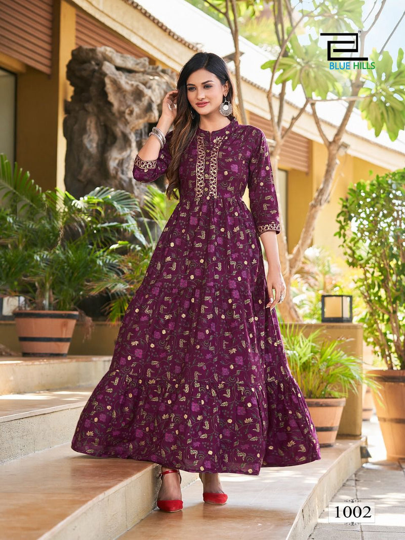 Blue Hills Pearl Vol 1 Rayon Foil Printed Gown Style Long Party Wear Kurtis