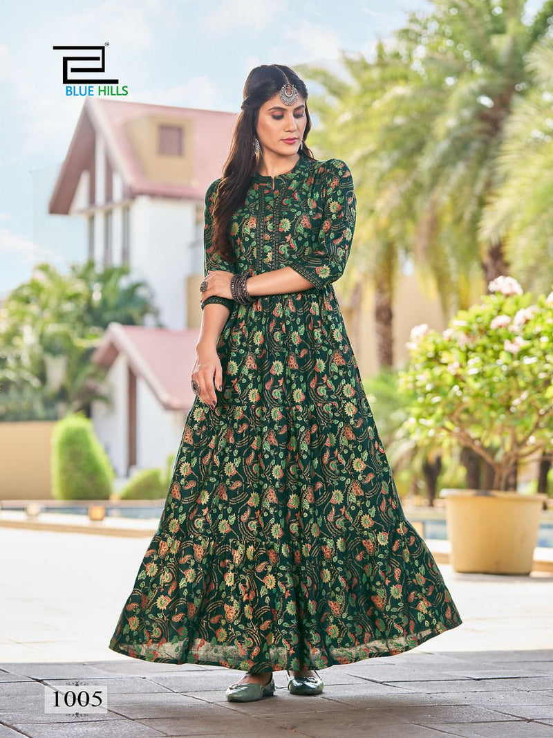 Blue Hills Pearl Vol 1 Rayon Foil Printed Gown Style Long Party Wear Kurtis