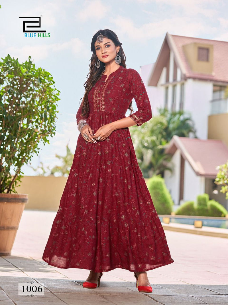 Blue Hills Pearl Vol 1 Rayon Foil Printed Gown Style Long Party Wear Kurtis