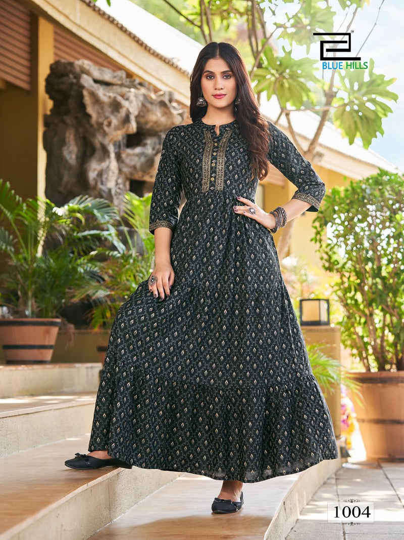Blue Hills Pearl Vol 1 Rayon Foil Printed Gown Style Long Party Wear Kurtis