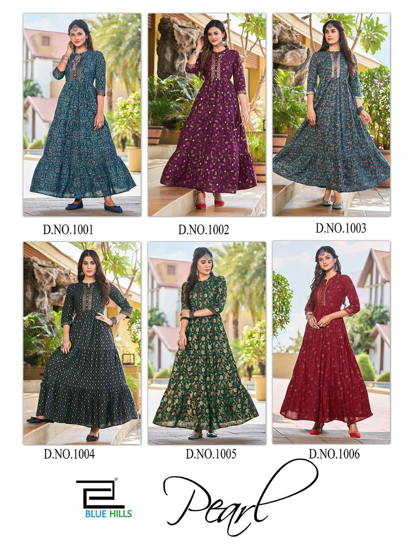 Blue Hills Pearl Vol 1 Rayon Foil Printed Gown Style Long Party Wear Kurtis