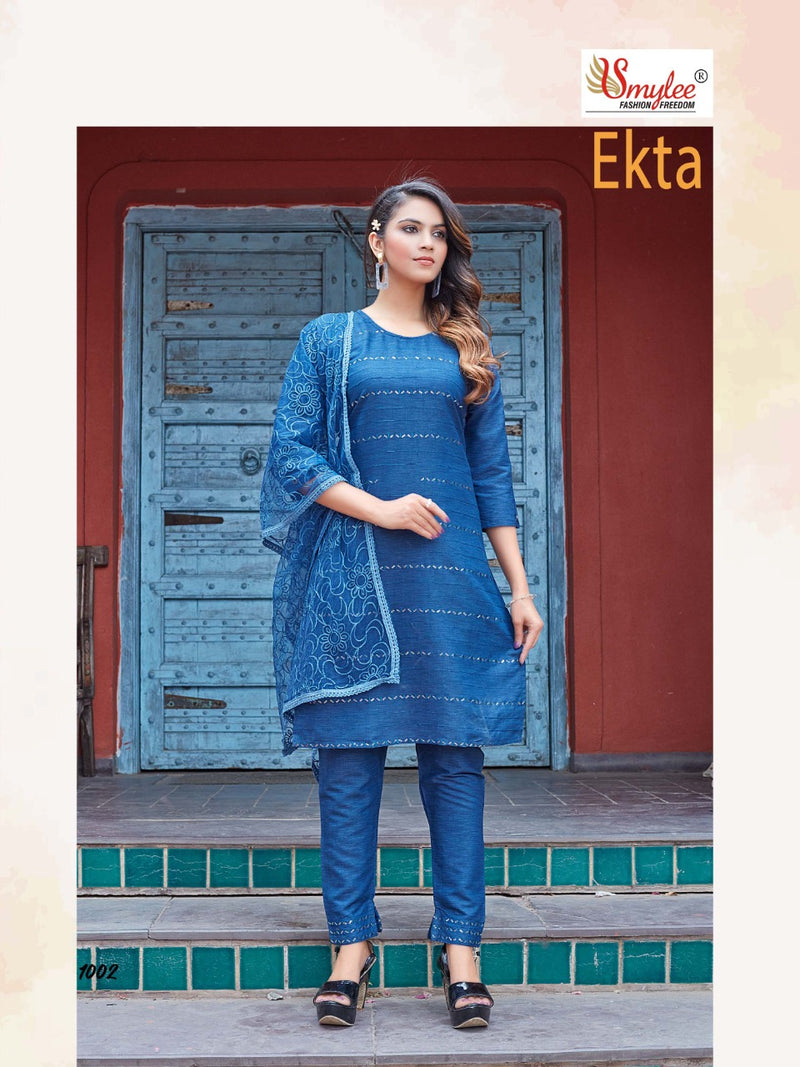 Smylee Fashion Ekta Rayon Fancy Designer Embroidered Kurtis With Pant Style  Bottom & Dupatta