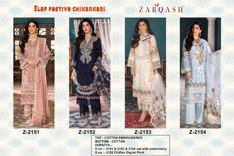Zarqash Elaf Festive Chikankari Cotton Embroidered Pakistani Style Party Wear Salwar Suits