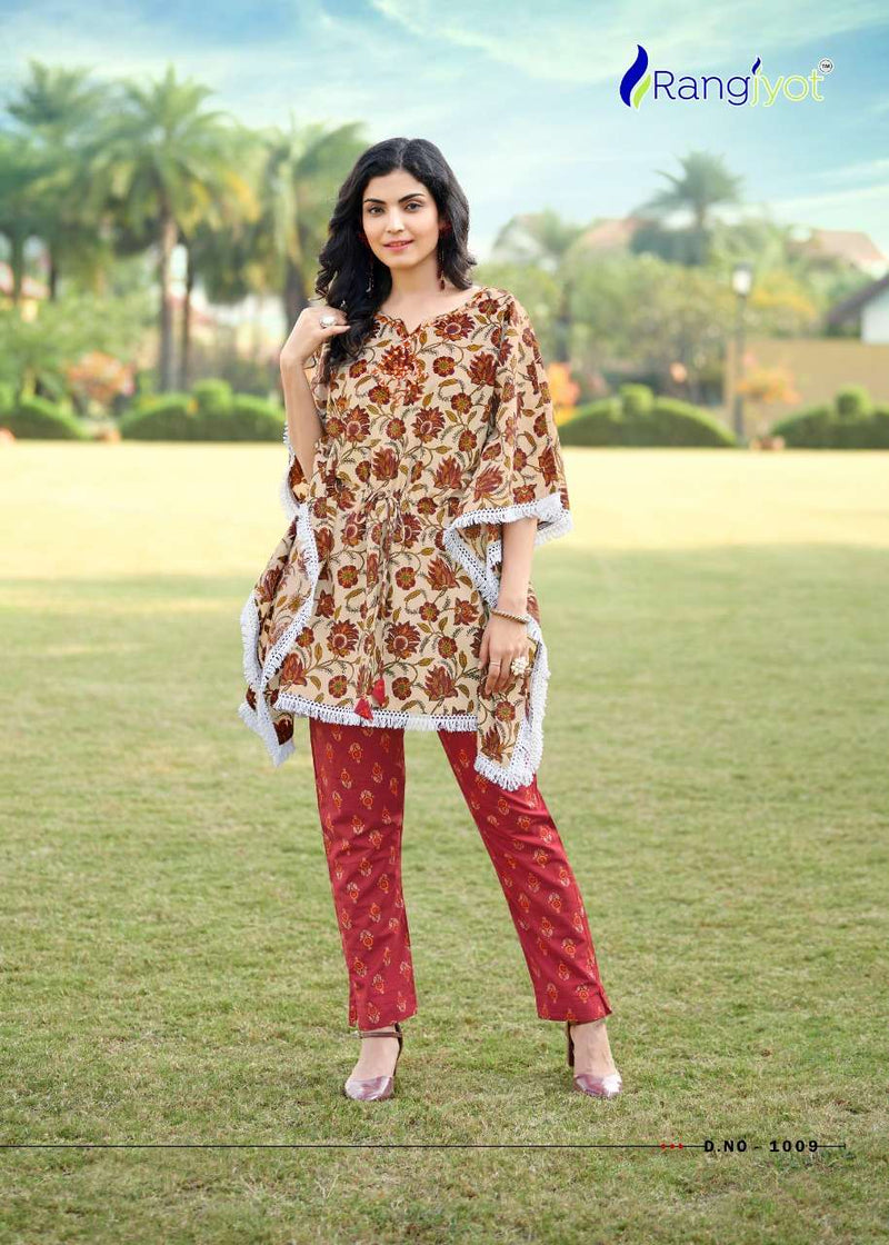 Rangjyot Eliza Fancy Stylish Kaftan Style Short Cotton  Kurtis With Bottom