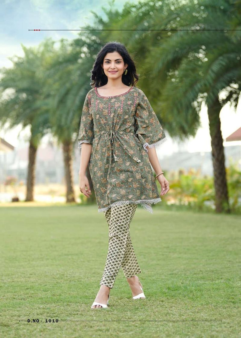 Rangjyot Eliza Fancy Stylish Kaftan Style Short Cotton  Kurtis With Bottom