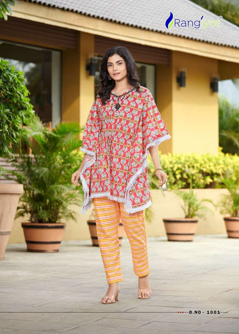 Rangjyot Eliza Fancy Stylish Kaftan Style Short Cotton  Kurtis With Bottom