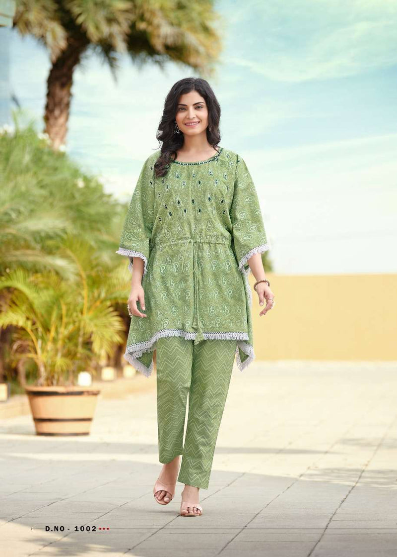 Rangjyot Eliza Fancy Stylish Kaftan Style Short Cotton  Kurtis With Bottom