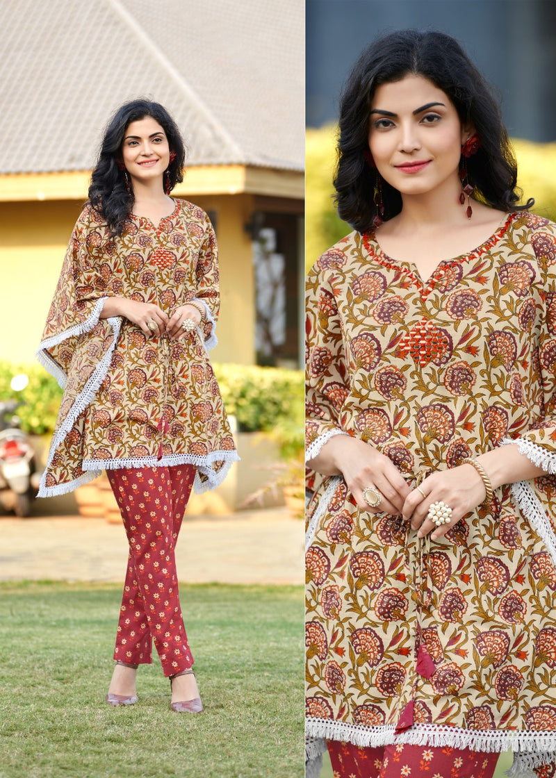 Rangjyot Eliza Fancy Stylish Kaftan Style Short Cotton  Kurtis With Bottom