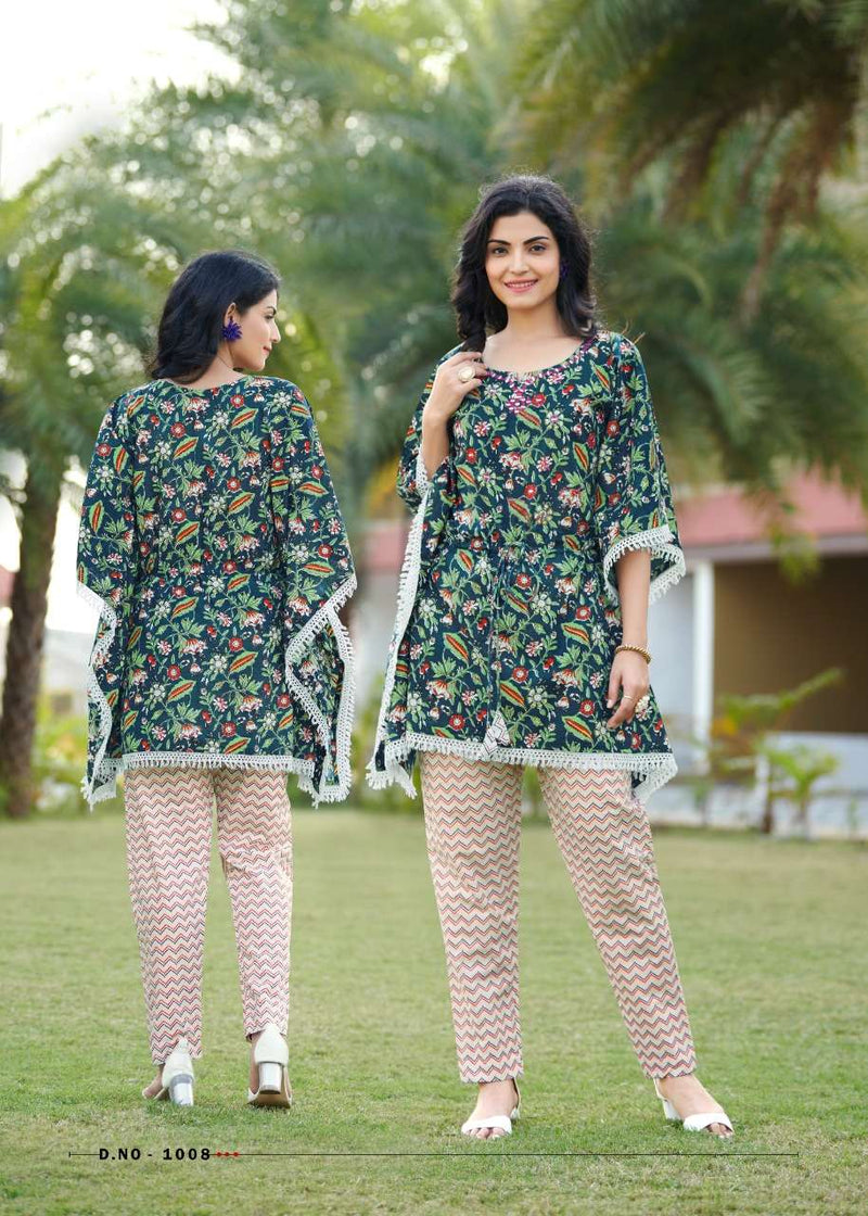 Rangjyot Eliza Fancy Stylish Kaftan Style Short Cotton  Kurtis With Bottom