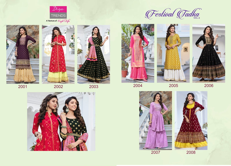 Diya Trends Fashion Tadka Vol 2 Rayon Designer Party Wear Kurtis With Sharara Bottom