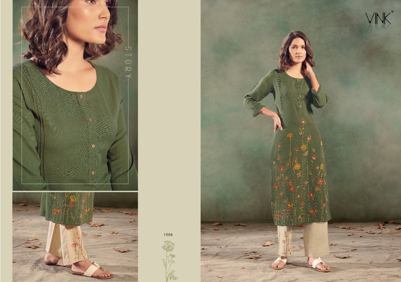 Vink Feathers Linen Cotton Fancy Kurtis With Bottom