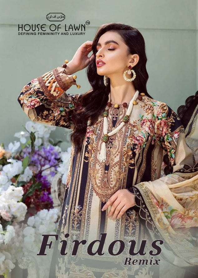 House Of Lawn Firdous Remix Pure  Cotton Heavy Embroidered Pakistani Style Party Wear Salwar Suits