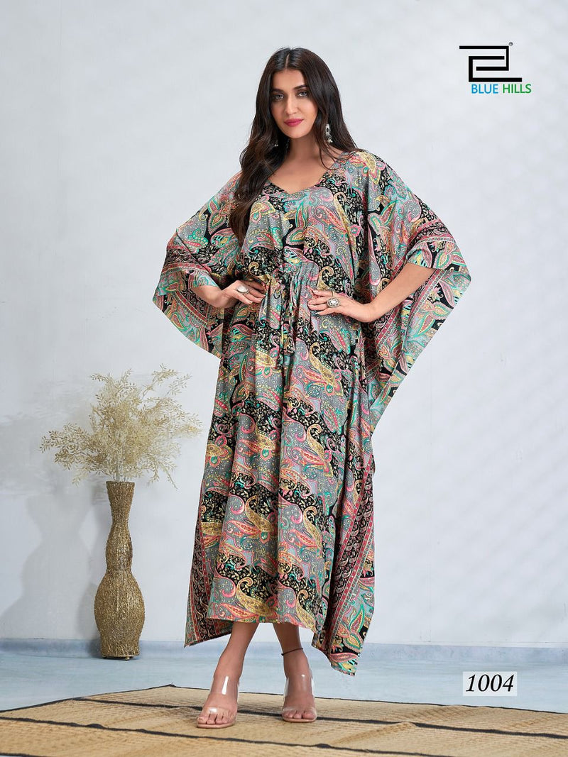 Blue Hills Fire Walk French Crepe Printed Party Wear Fancy Kaftan Kurtis