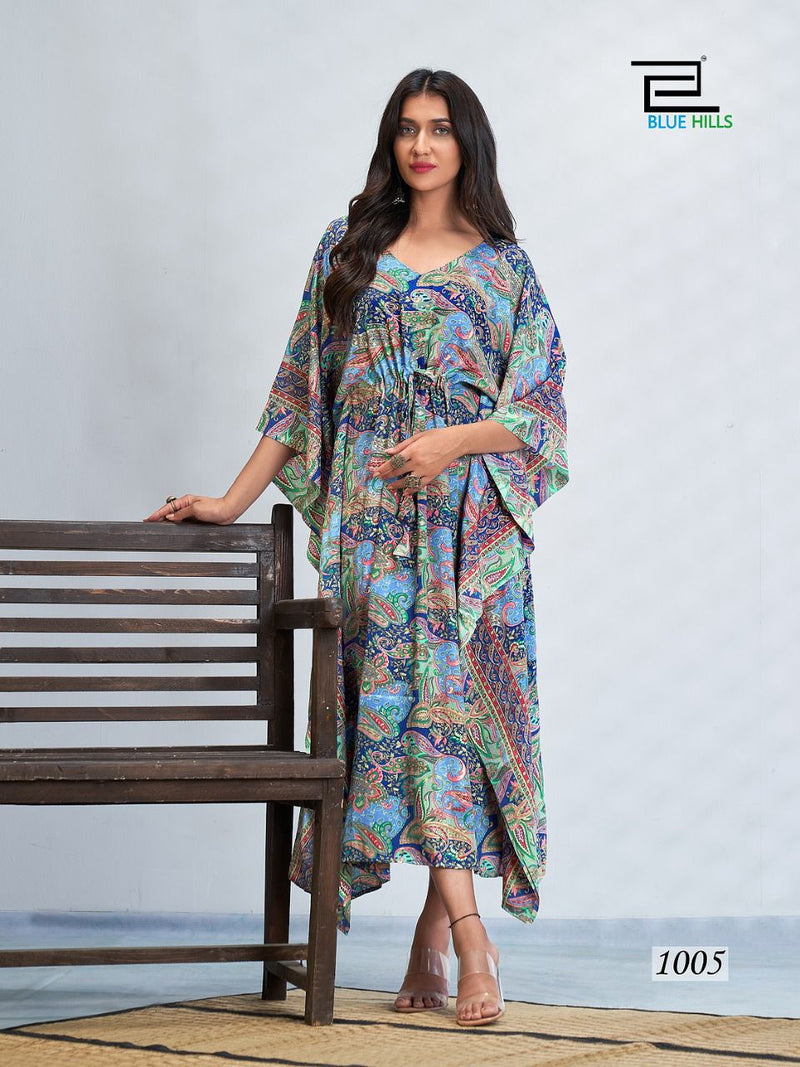 Blue Hills Fire Walk French Crepe Printed Party Wear Fancy Kaftan Kurtis