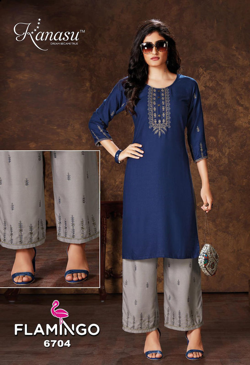 Kanasu Kurti Flamingo Vol 2 Rayon Party Wear Embroidered Kurtis With  Bottom