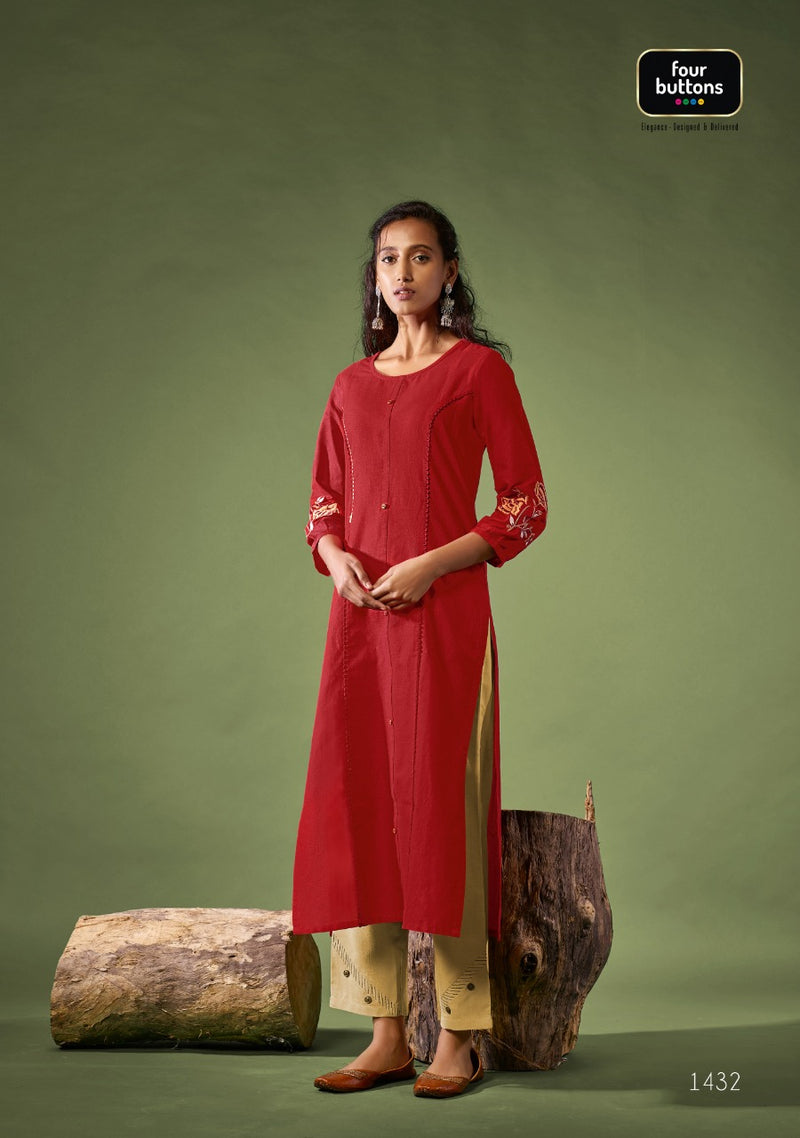 Four Buttons Rozana Fabric With Embroidery Work Kurti In Cotton