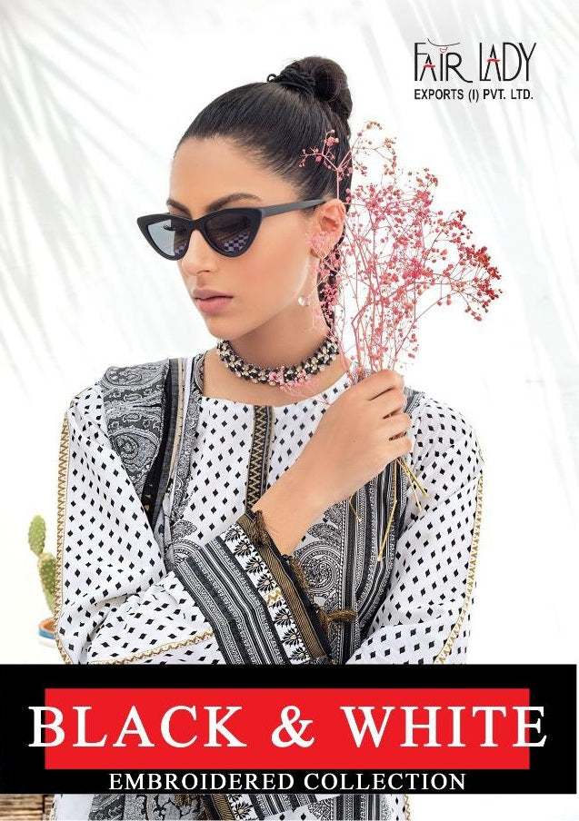 Fairlady Black And White Embroidered Collection Lawn Cotton Print With Big Embroidery Patch Attractive Look Salwar Kameez