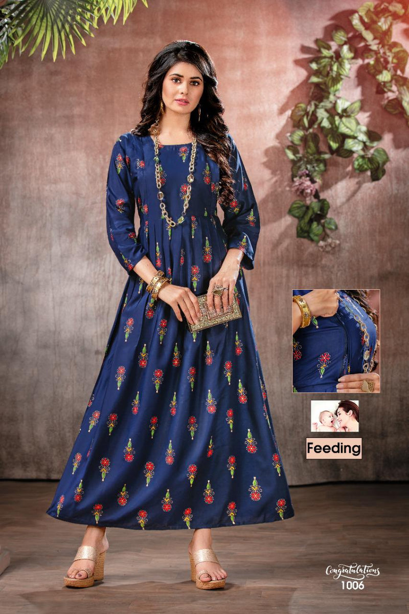 Fashion Talk Congratulations Rayon Prints Casual Wear Gold Printed Gown Type Fancy Readymade Kurtis
