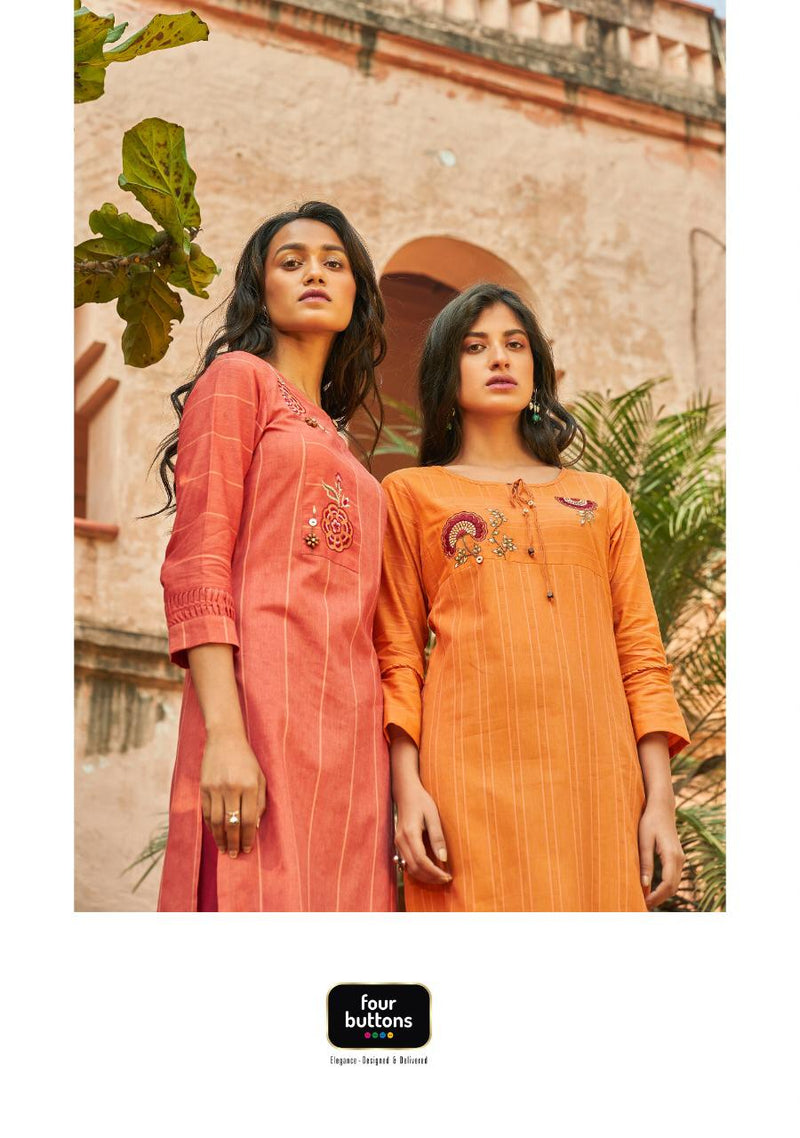 Four Buttons Peach Vol 2 Weaving Cotton Stripes With Embroidery Work Kurti