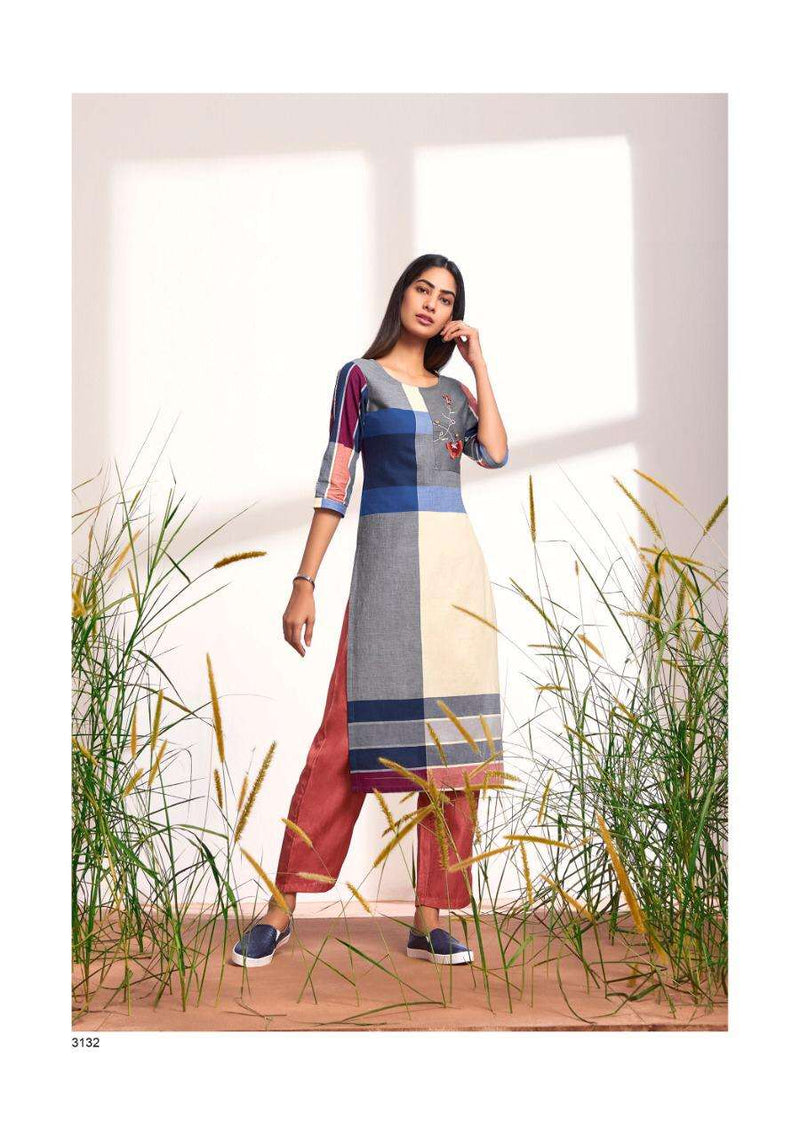 Four Buttons Big Cheks Pure Cotton Weaving Embroidered Work Kurti