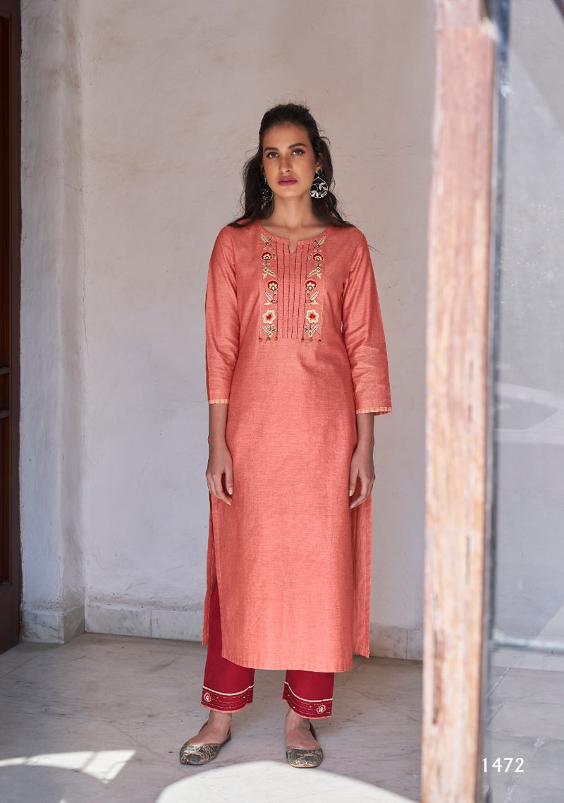 Four Button Silver Vol 7 Woven Tone Cotton Embroidered Kurti With Pant
