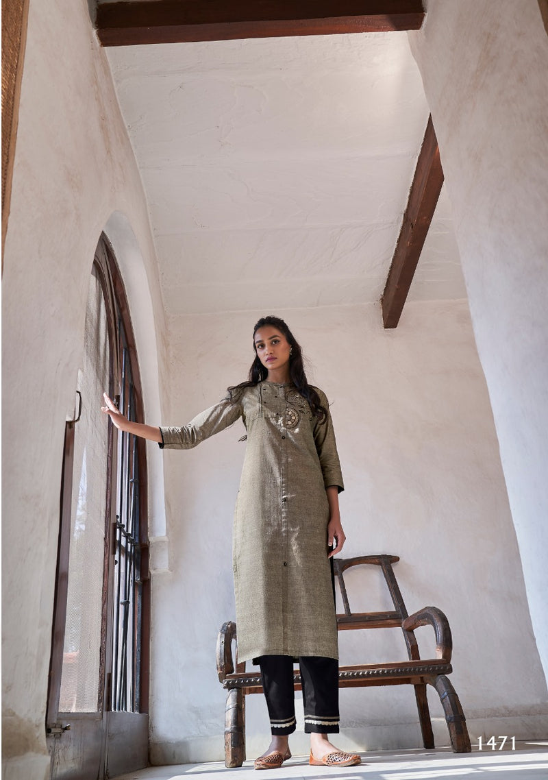 Four Button Silver Vol 7 Woven Tone Cotton Embroidered Kurti With Pant