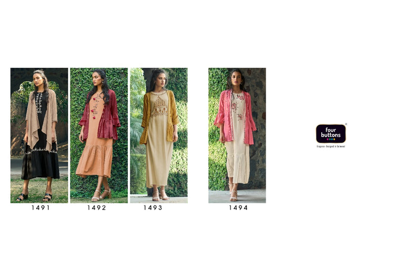 Four Buttons Bloom Cotton Placement Intricate Embroideries Fancy Kurti