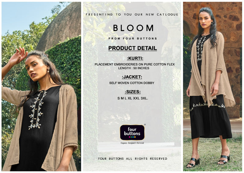 Four Buttons Bloom Cotton Placement Intricate Embroideries Fancy Kurti