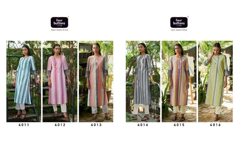 Four Buttons Breeze Vol 5 Pure Cotton Weaving Stripes Embroidery On Sleeves Kurti