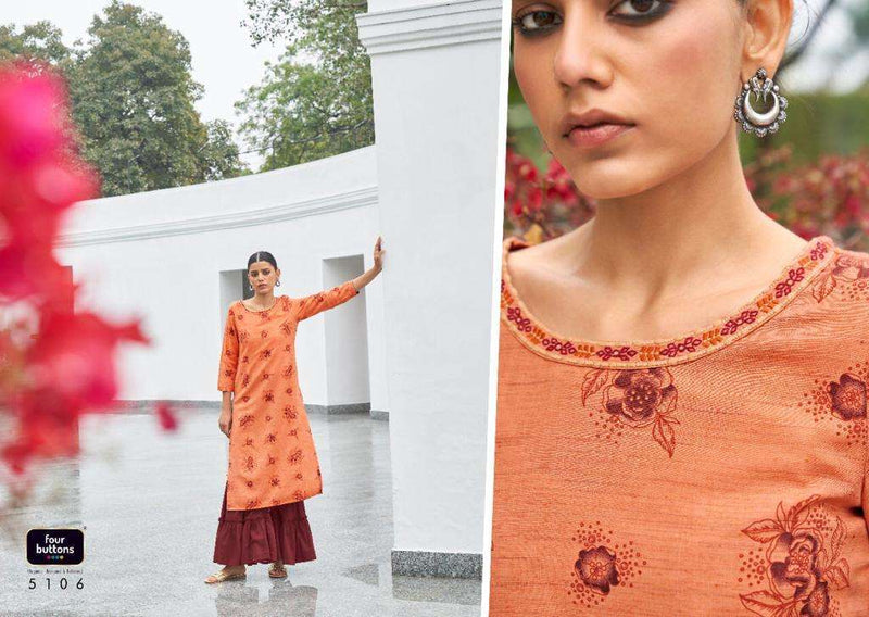 Four Buttons Floral Prints On Pure Cotton Khadi With Intricate Embroidered Kurti