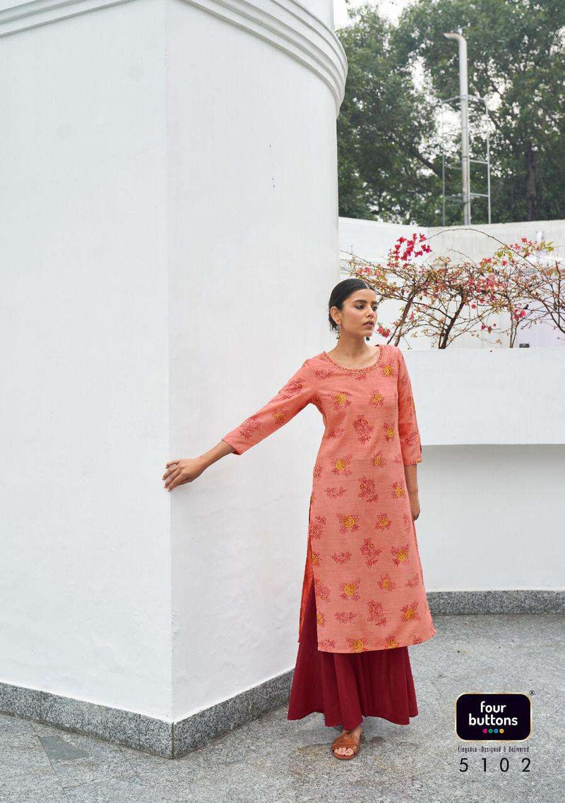 Four Buttons Floral Prints On Pure Cotton Khadi With Intricate Embroidered Kurti