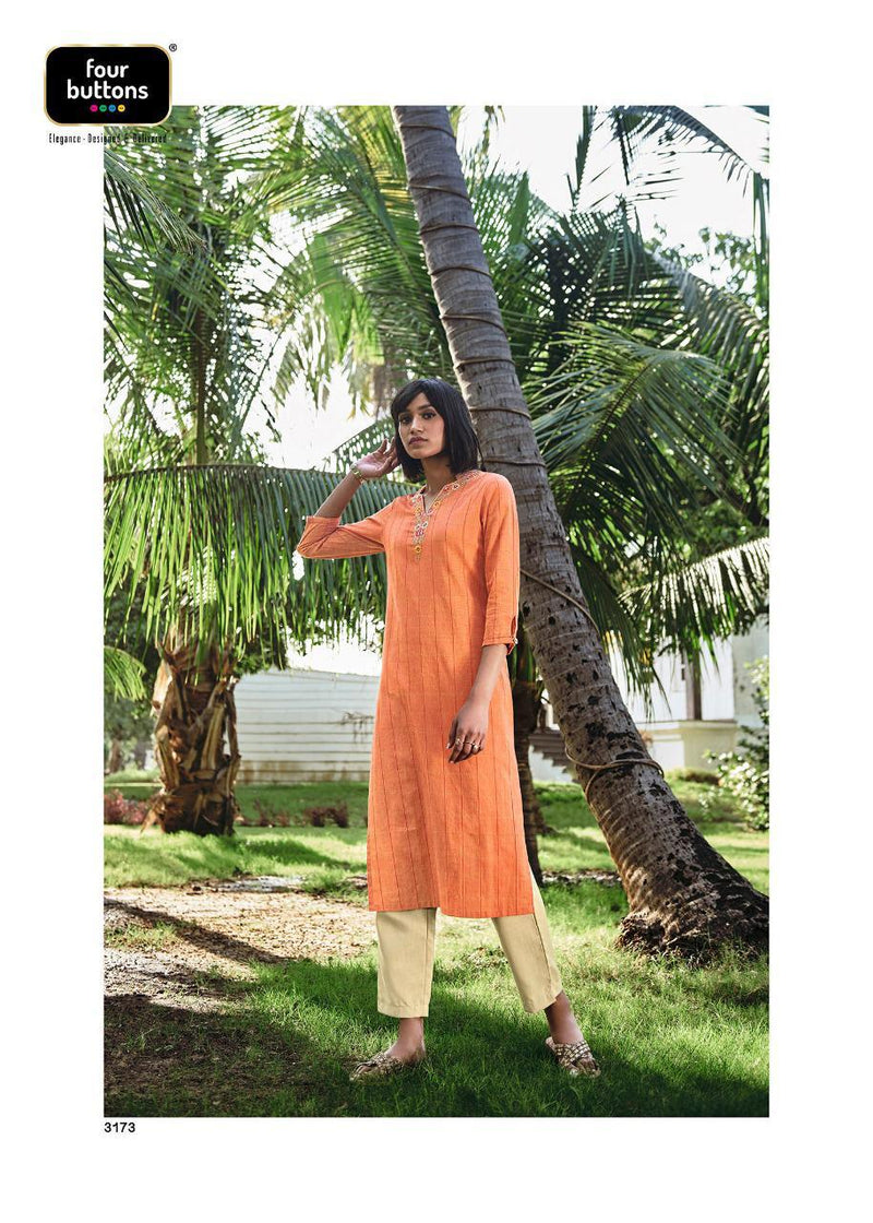 Four Buttons Plum Placement Embroidery Woven Cotton Work Kurti