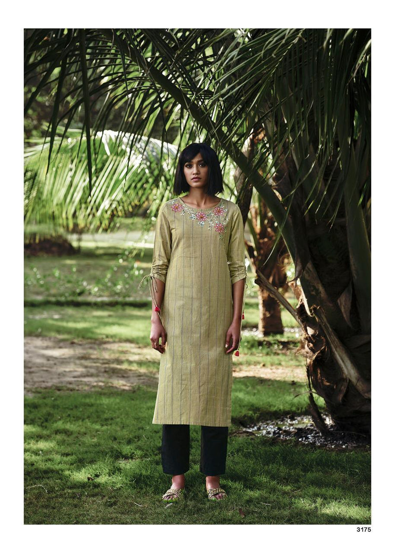 Four Buttons Plum Placement Embroidery Woven Cotton Work Kurti