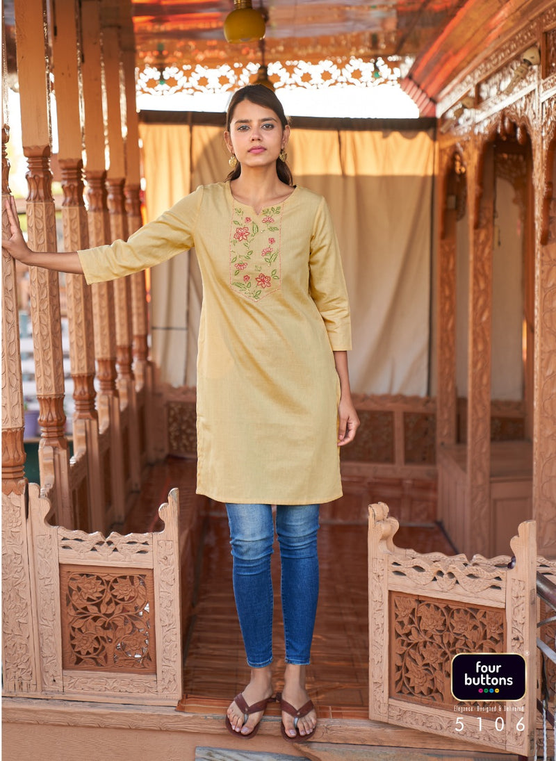 Four Buttons Tulip Vol 2 Cotton Dobby Embroidery Work Casual Kurti