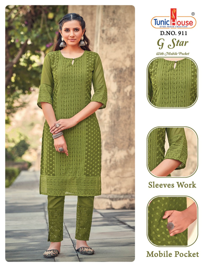 Tunic House G star Georgette With Fancy Chicken Work Stylish Designer Casual Look Kurti