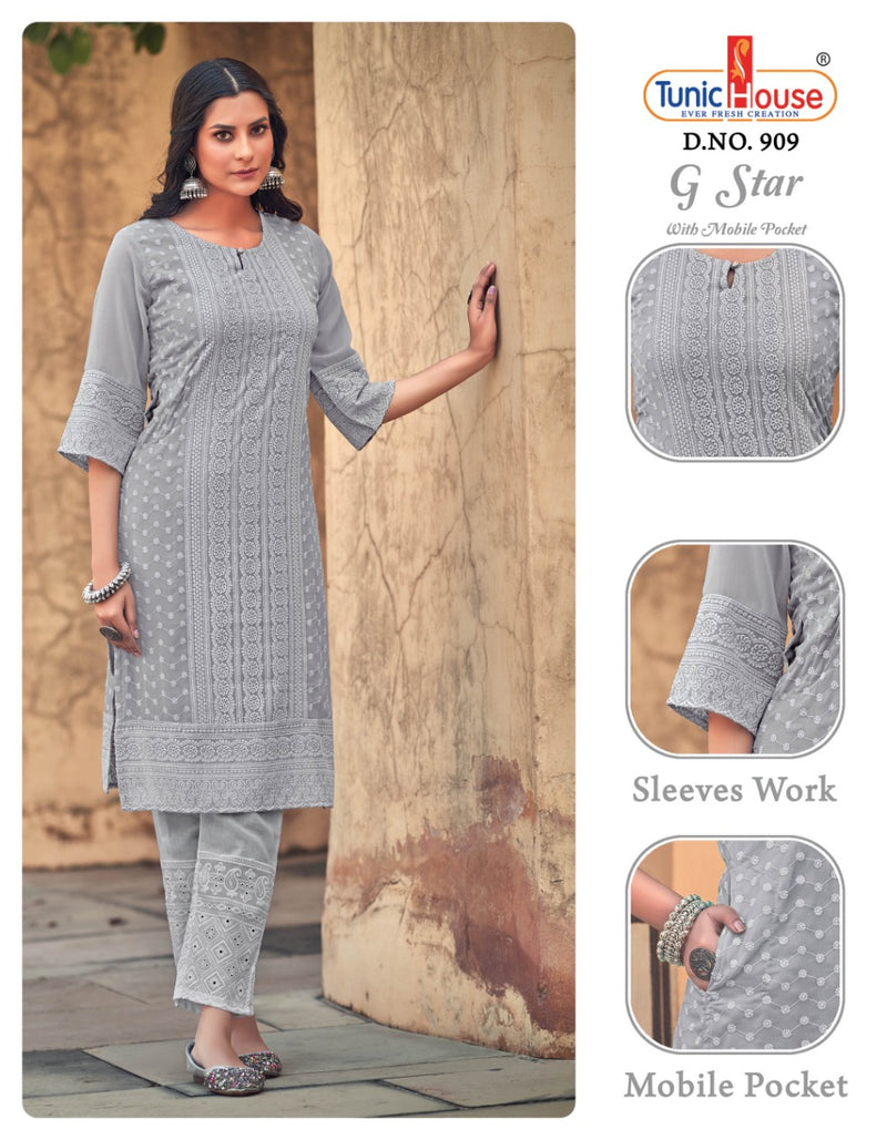 Tunic House G star Georgette With Fancy Chicken Work Stylish Designer Casual Look Kurti