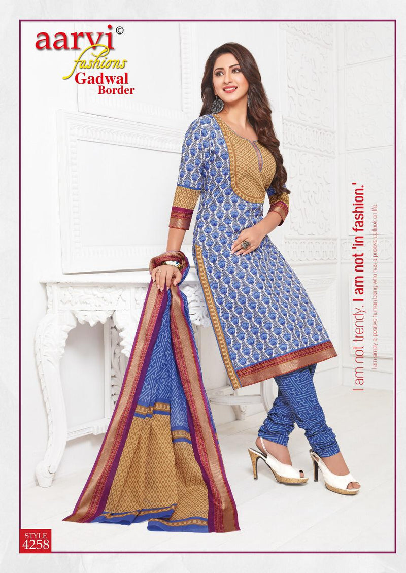 Aarvi Fashion Gadhwal Border Vol 4 Cambric Fabric Unstitched Salwar Suits In Cotton