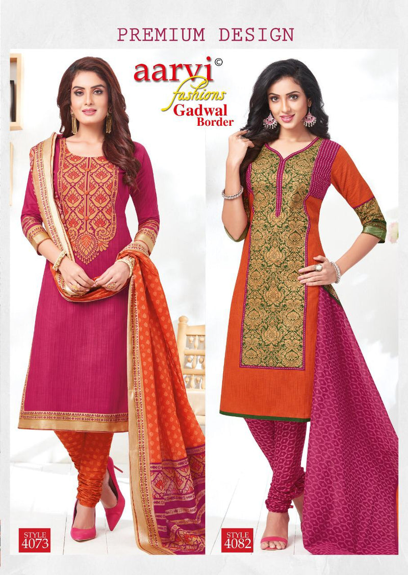 Aarvi Fashion Gadhwal Border Vol 4 Cambric Fabric Unstitched Salwar Suits In Cotton