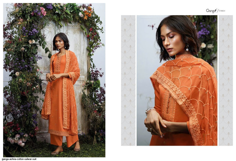 Ganga Aohna Cotton Satin Party Wear Embroidered Designer  Salwar Kameez