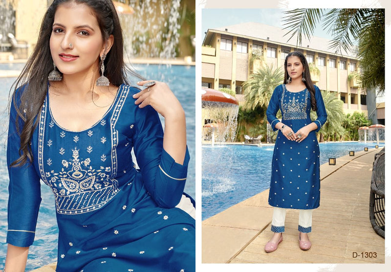 Kapil Trendz Gangor Cotton Silk Fancy Party Wear Embroidered Kurtis With Bottom