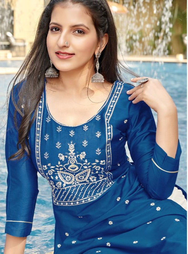 Kapil Trendz Gangor Cotton Silk Fancy Party Wear Embroidered Kurtis With Bottom