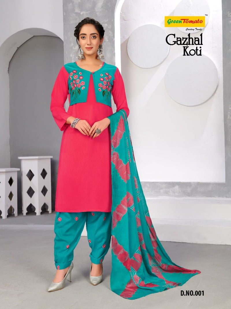 Green Tomato Gazhal Koti Rayon Embroidered Combo Sets Of Party Wear Kurtis With Koti