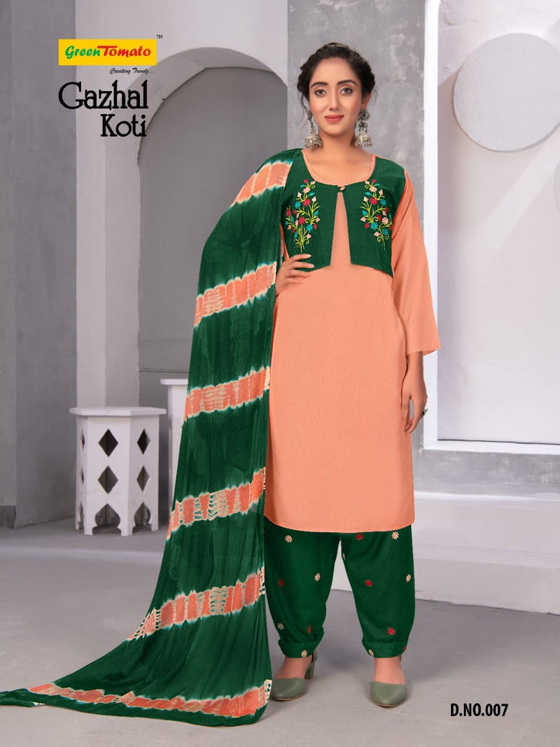 Green Tomato Gazhal Koti Rayon Embroidered Combo Sets Of Party Wear Kurtis With Koti