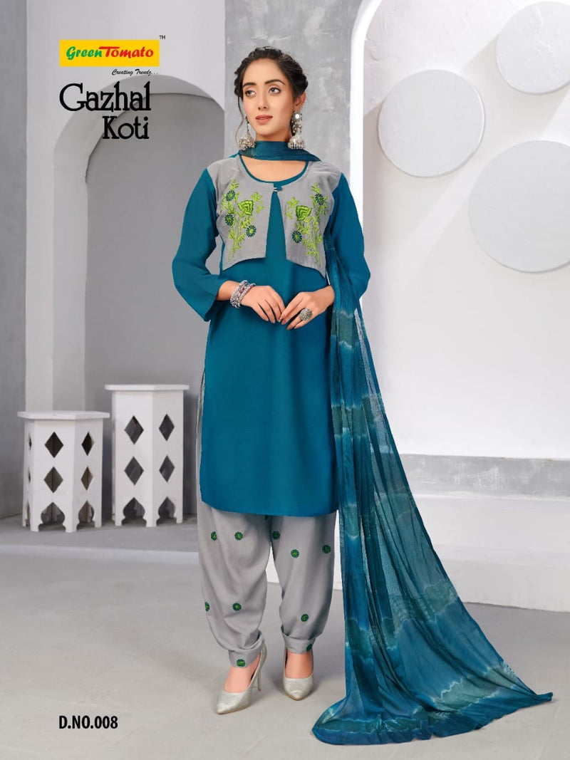 Green Tomato Gazhal Koti Rayon Embroidered Combo Sets Of Party Wear Kurtis With Koti