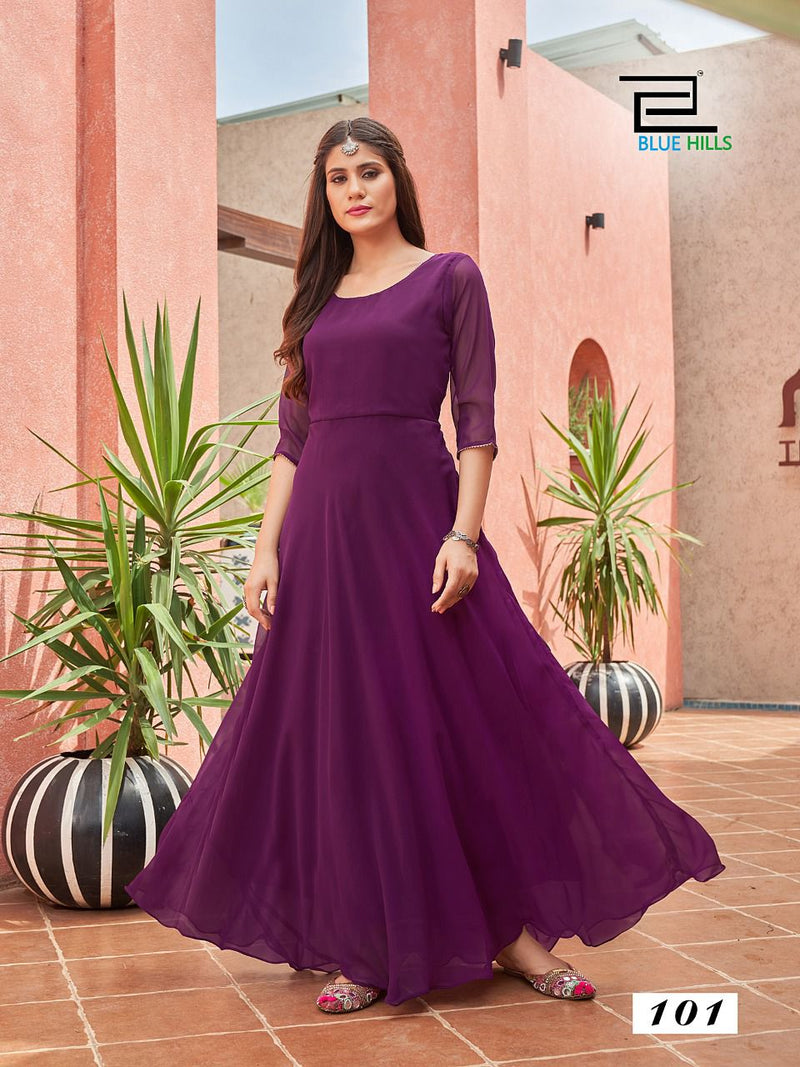 Blue Hills Ginisha Georgette With Fancy Work Stylish Designer Casual Wear Long Gown Kurti