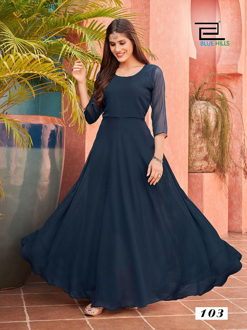 Blue Hills Ginisha Georgette With Fancy Work Stylish Designer Casual Wear Long Gown Kurti