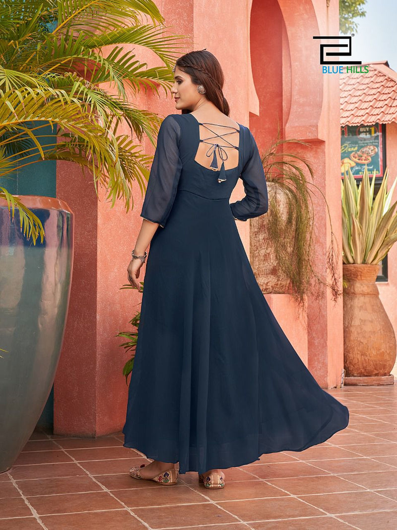 Blue Hills Ginisha Georgette With Fancy Work Stylish Designer Casual Wear Long Gown Kurti
